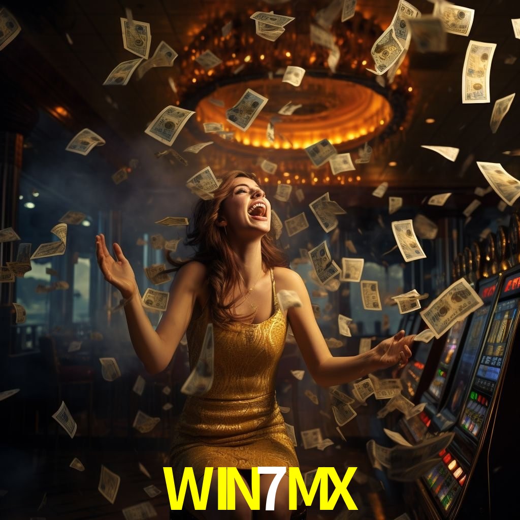 Una escena digital vívida inspirada en casino con WIN7MX mostrado prominentemente, luces brillantes, fichas, cartas y acentos dorados.