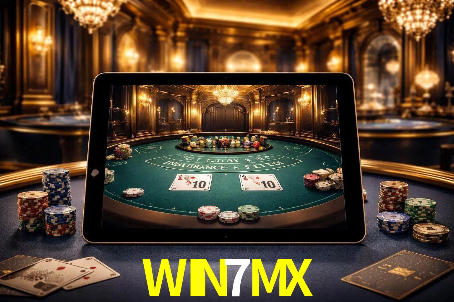 Configuración moderna de casino en vivo con una tableta mostrando una mesa de blackjack, luces cálidas de estudio y una atmósfera elegante de juegos digitales.