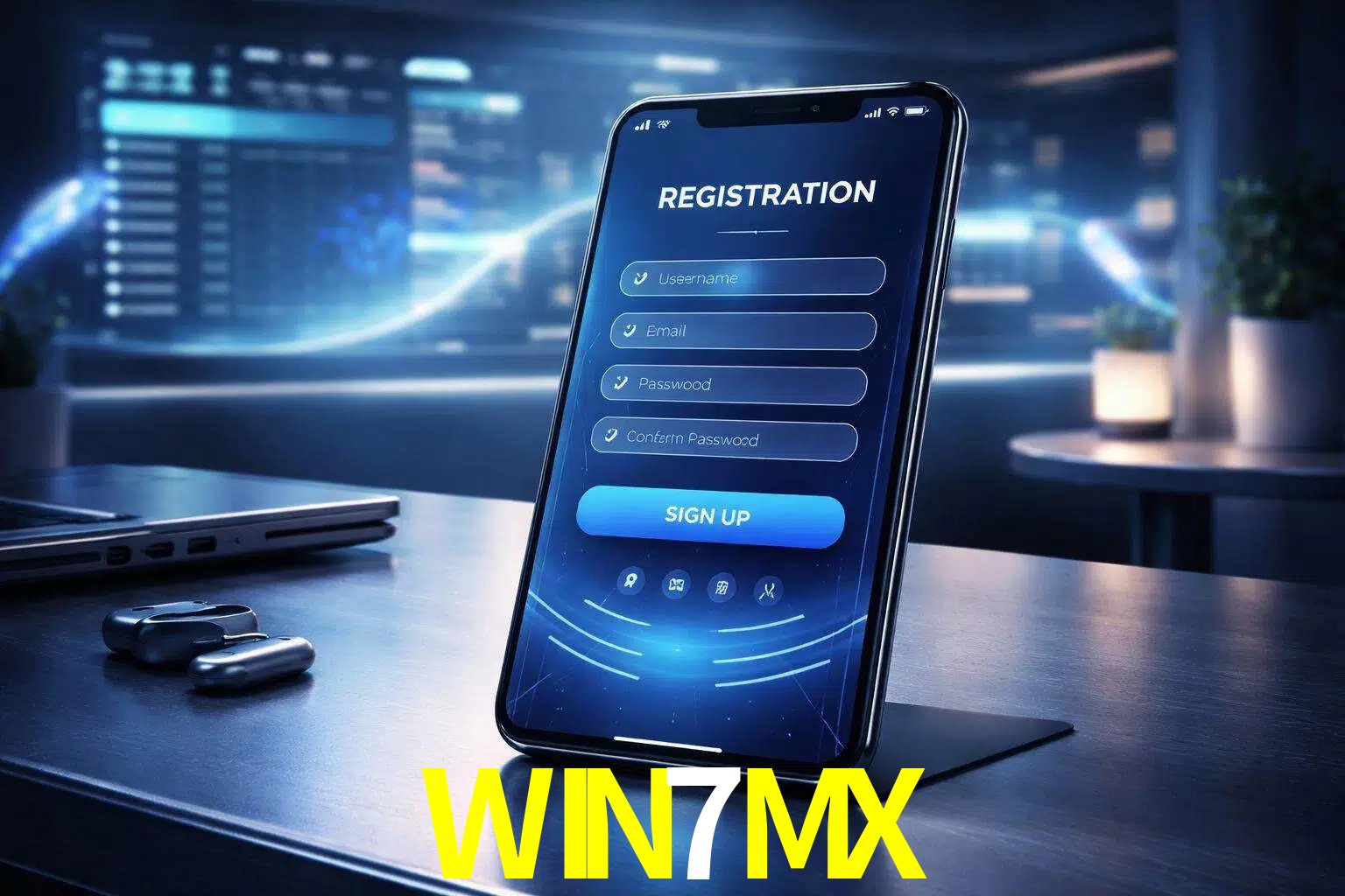 Una interfaz moderna de registro móvil para WIN7MX mostrada en un smartphone con un panel de apuestas elegante.